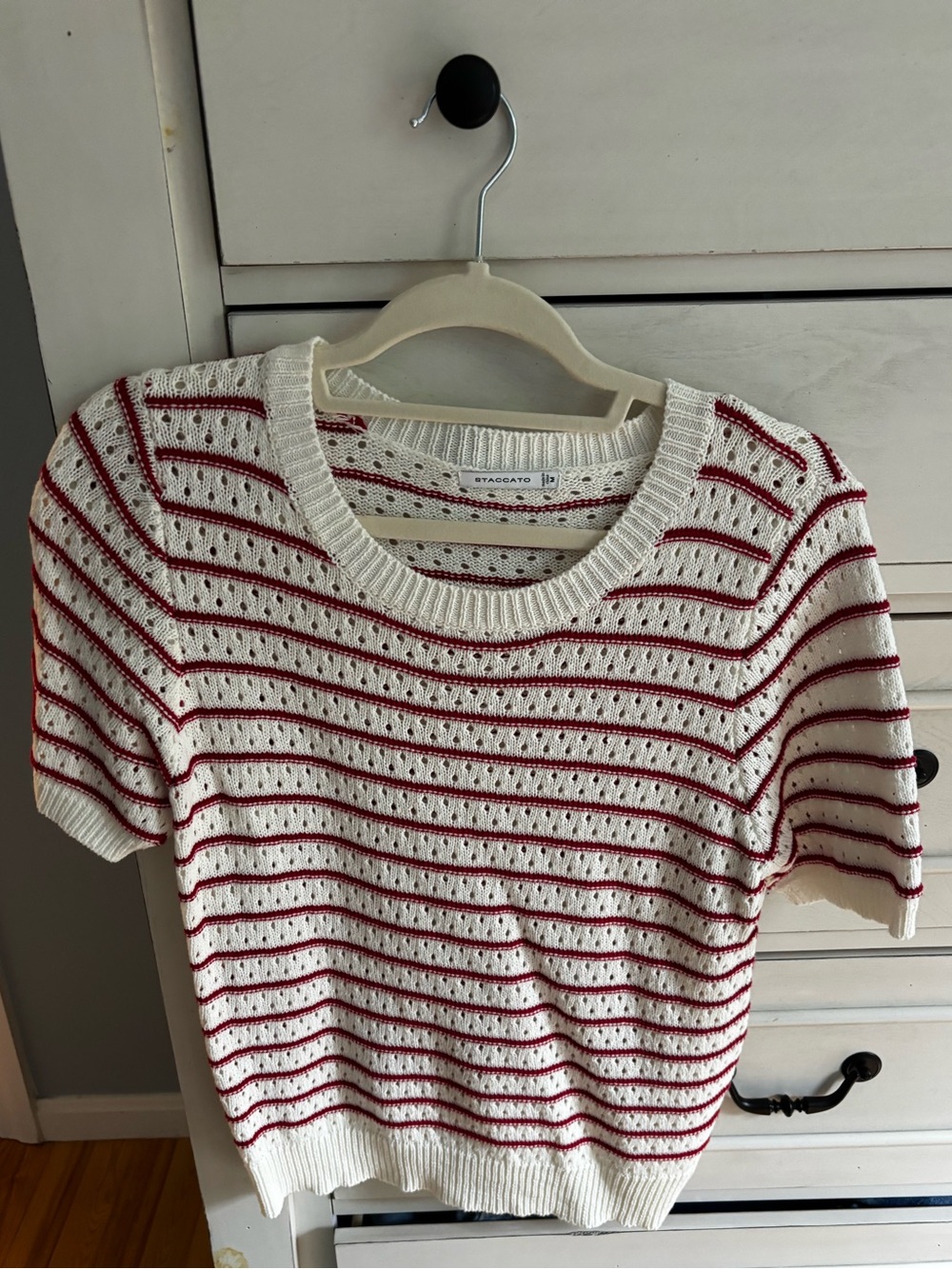 Staccato White Short-Sleeve Knit Top with Red Stripes
